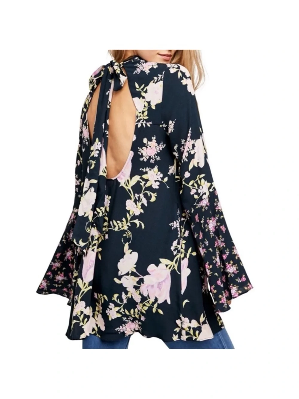 Free People Navy Floral Open-Back Mini Dress with Pink Blooms - Picture 4 of 12